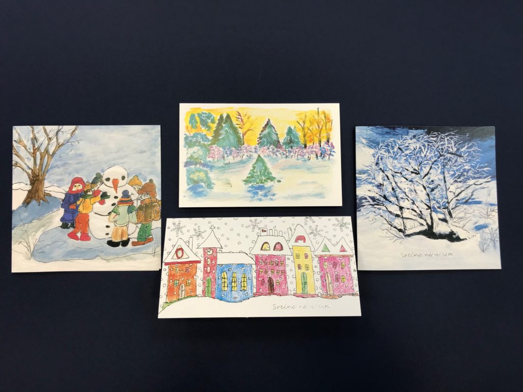 Štiri voščilnice: Snežak in otroci, Gozd, Hiše in zasneženo drevo